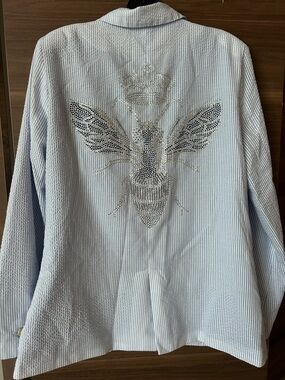 Embellished Bee Seersucker Blazer in Light Blue and White